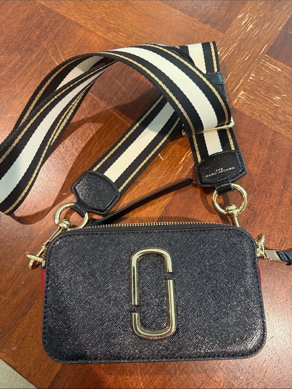 Marc Jacobs Black Crossbody Camera Bag with Striped Strap